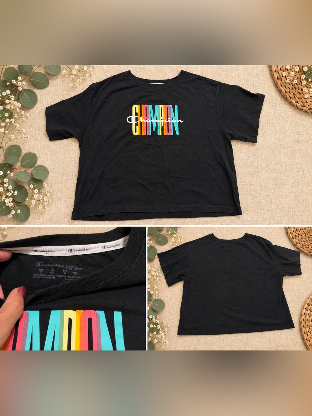 Champion Black Crop Tee with Multicolor Vertical Logo